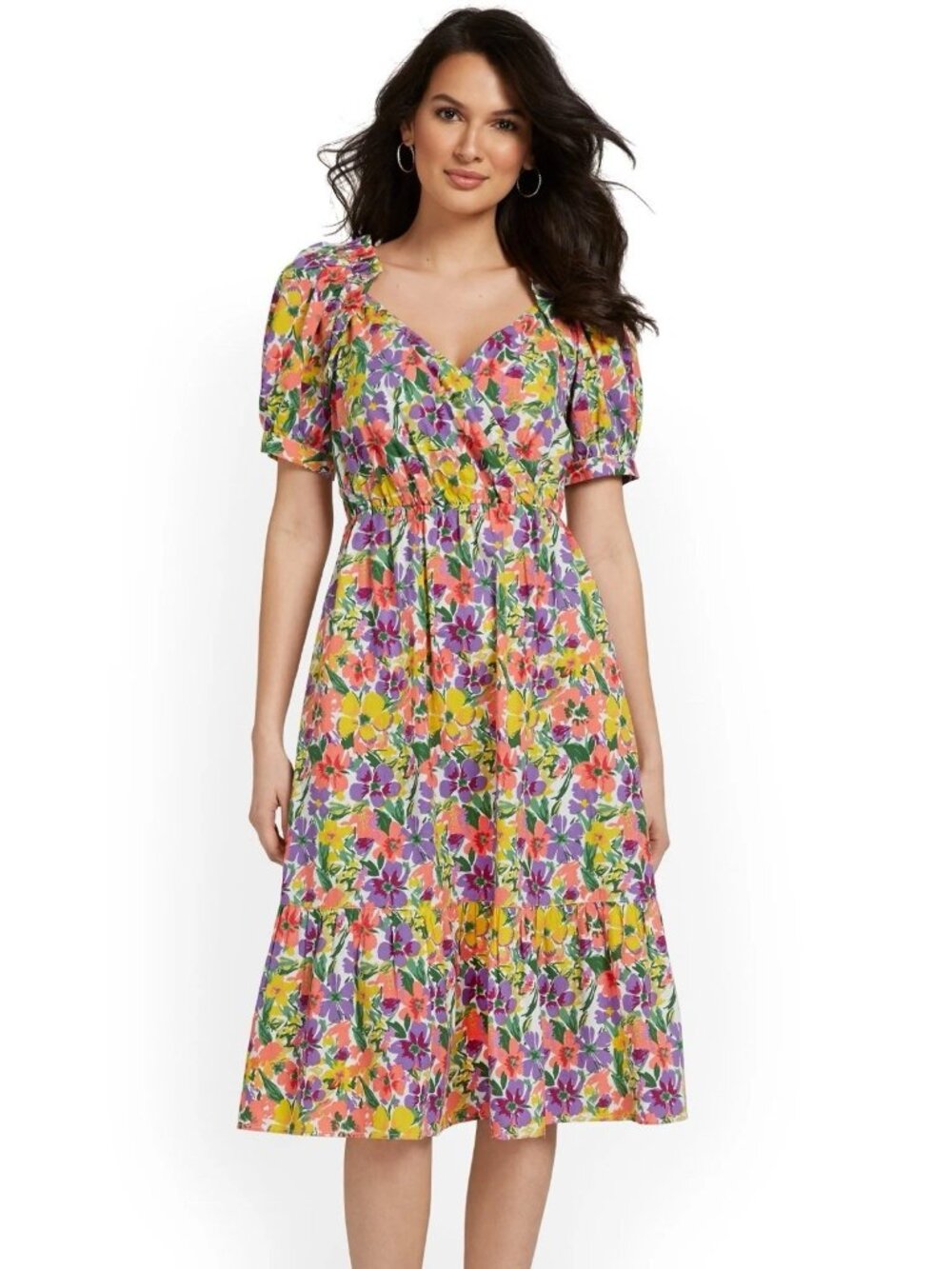 New York & Co Babydoll Floral Pockets Ruffle Puff-Sleeve Midi Dress Medium‎ L